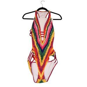 Beach Bum Swimsuit Womens Medium Multicolor One Piece Strappy Plunge Monokini